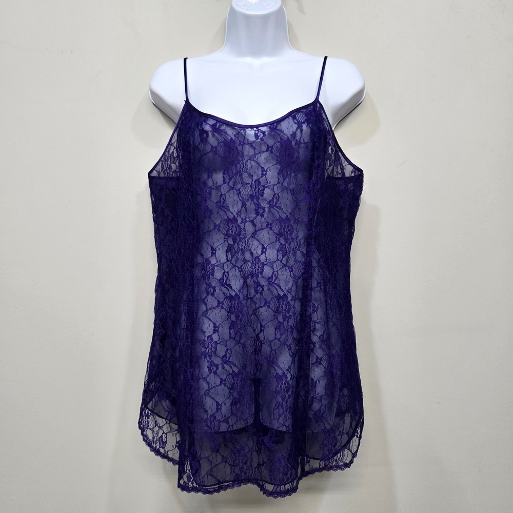 Vintage Victoria Secret Gold Label Lace Cami Large Royal Purple Sheer Babydoll